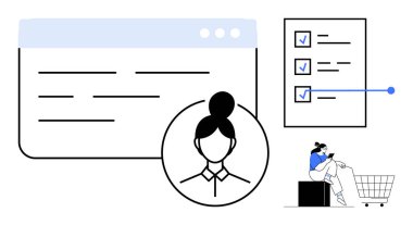 Tarayıcı penceresi, kullanıcı profili silueti, mavi işaretli kontrol listesi, kahve ve alışveriş arabası olan kişi. Proje yönetimi için ideal, üretkenlik araçları, kullanıcı arayüzü tasarımı, iş