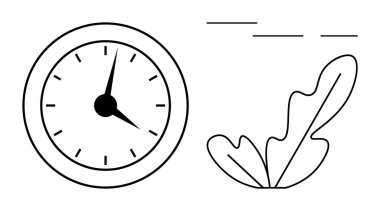 Elleri, yaprakları ve yatay çizgileri olan klasik bir saatin minimalist tasarımı. Zaman yönetimi, doğal döngüler, basitlik, denge, büyüme farkındalığı konuları için idealdir. Soyut çizgi