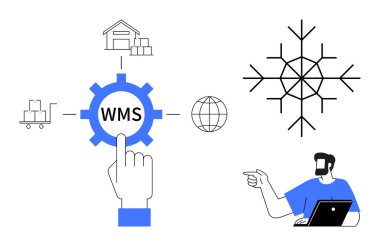 Depo, palet yığını ve WMS ekipmanlarını çevreleyen kar tanesi ikonları lojistik verimliliği vurguluyor. Envanter yönetimi, otomasyon, soğuk hava deposu, teknoloji, lojistik, küresel işlemler için ideal