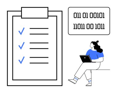 Kontrol listesi ve mavi işaretli büyük pano, konuşma balonunda ikili kod, dizüstü bilgisayarı kullanan kişi. Üretkenlik, proje yönetimi, teknoloji, programlama, ofis çalışması için ideal