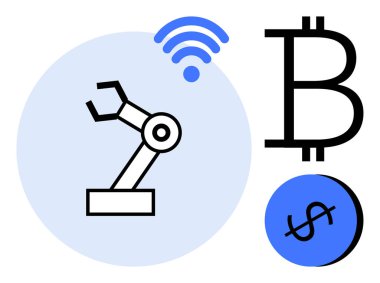Kablosuz sinyalli robot kol, Bitcoin sembolü ve dolar işareti. Finans, teknoloji, kripto para birimi, otomasyon, akıllı endüstri yenilik işi için ideal. Basitleştirilmiş soyut çizgi düz