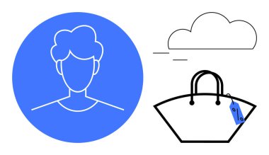 Mavi daireli kullanıcı profili simgesi, bulut sembolü ve fiyat etiketli alışveriş çantası. E-ticaret, bulut depolama, müşteri profilleri, çevrimiçi alışveriş, dijital kimlik, İnternet hizmetleri perakende satış için ideal