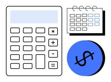 Faal anahtarı olan büyük bir hesap makinesi, aylık takvim ve mavi dolar işareti. Mali planlama, bütçe, muhasebe, gider takibi, ekonomik analiz, vergi hazırlama için ideal
