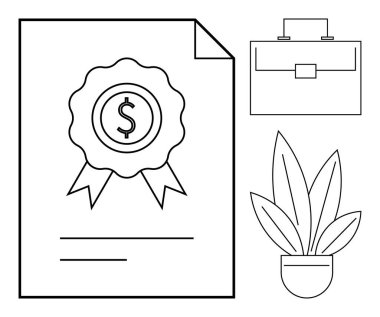 Dolar işareti rozeti, evrak çantası ve saksı bitkisi olan bir sertifika kağıdı. Finansal başarı için ideal, profesyonel gelişme, kariyer büyümesi, kurumsal başarı, iş