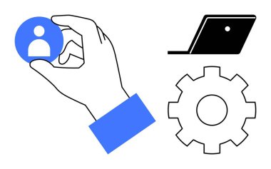 El ele tutuşan kullanıcı simgesi, çalışan seçim dizüstü bilgisayarını ve vites dişlisini teknoloji entegrasyonu ve verimliliği gösteriyor. İdeal İK süreçleri, iş yönetimi, teknoloji kullanımı, verimlilik, iş akışı