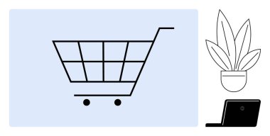 Siyah alışveriş arabası, dizüstü bilgisayar ve mavi üzerine bitki. E-ticaret için ideal, çevrimiçi alışveriş, evden çalışma, dijital işlemler, uzaktan çalışma, minimalist tasarım düz metaforu
