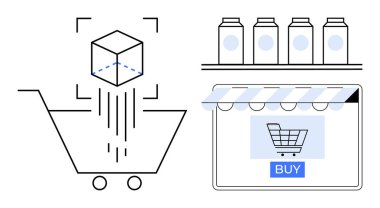 Çevrimiçi alışveriş arabası rafında kutular, vitrin penceresi ve satın alma düğmesi olan 3 boyutlu bir model ekliyor. E-ticaret, perakende, alışveriş teknolojisi, çevrimiçi satışlar, ürün görselleştirme, dijital
