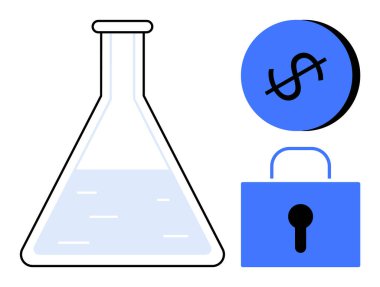 Sıvı, mavi dolar işareti ve asma kilitli bir laboratuvar şişesi. Bilim finansmanı için ideal, güvenli yatırımlar, mali güvenlik, araştırma yardımları, yenilikçi koruma, ekonomik istikrar güvenli