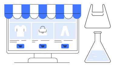 Mağaza vitrinli bilgisayar ekranı, ürün ikonları tişörtü, çanta, pantolon, alışveriş arabasının düğmeleri ve laboratuvar matarası. E-ticaret, çevrimiçi alışveriş, perakende dijital pazarlama işi için ideal
