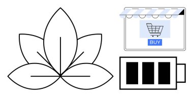 Alışveriş arabası pencereli yaprak ve pil ikonu. Çevre ticareti, sürdürülebilirlik, çevrimiçi alışveriş, dijital mağazalar, yenilenebilir enerji ve doğa dostu ürünler için ideal. Düz soyut çizgi mecazı