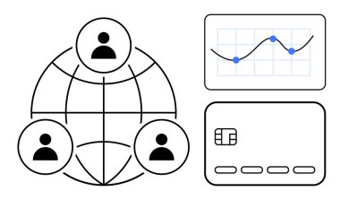Küresel olarak bağlantılı insanlardan oluşan bir ağ, veri noktalarının grafiği ve dijital ödeme kartı. İş, finans, iletişim, veri analizi, ağ oluşturma, dijital işlemler için ideal