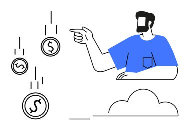 Mavili bir adam, altında bir bulut tasvir edilmiş, düşen birkaç dolar madeni parasına işaret ediyor. Finans, ekonomi, yatırım, tasarruf, harcama ve bütçe tahmini için ideal. Soyut ve minimalist stil