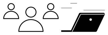 Bir dizüstü bilgisayara bağlanan üç kullanıcı simgesi. Uzaktan çalışma, çevrimiçi işbirliği, takım çalışması verimliliği, dijital iletişim, telekomünikasyon dinamikleri, sanal toplantılar, e-öğrenim platformları için ideal