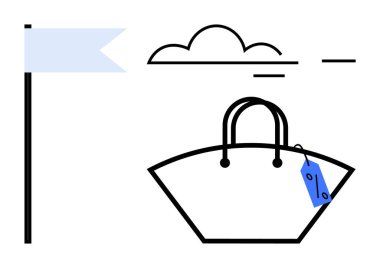 Fiyat etiketli alışveriş torbası, bayrak afişi ve arkasında bulut var. Perakende, alışveriş, satış promosyonları, pazarlama, çevrimiçi tasarım markaları için ideal. Soyut çizgi düz metafor