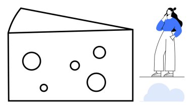 Deliklerle bezenmiş dev peynir kamışı, yanında eli çenesinde duran düşünceli kadın. Karar verme, yaratıcılık, problem çözme, beyin fırtınası, tefekkür, strateji yeniliği için ideal
