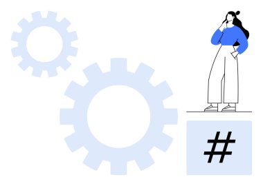 Büyük dişliler ve haşhaş tabelalarının yanında düşünen kadın tefekkür ve teknolojiyi sembolize ediyor. Yenilik, problem çözme, teknoloji, bütünleşme, iş akışı, endüstriyel kavramlar, verimlilik için ideal