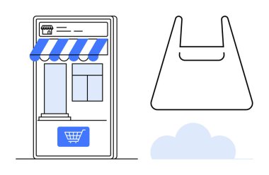 Cep telefonu vitrininde güneşlik, vitrin ve alışveriş arabası ikonu var. Alışveriş torbası ve bulut simgesi çevrimiçi perakende satış, dijital işlemler ve alışveriş kolaylığını simgeliyor. İdeal