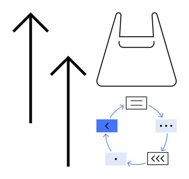 Yukarı ok, alışveriş torbası, dinamik süreçleri vurgulayan oklarla dairesel akış. Büyüme, perakende, geri dönüşüm, süreçler, ticari organizasyon geliştirme için idealdir. Soyut çizgi düz metafor