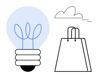 İçinde filizlenen bir ampul, çevre dostu alışveriş torbası ve minimalist bulut. Sürdürülebilirlik, yaratıcılık, yenilik, alışveriş, çevresel farkındalık basitlik ve minimalizm için idealdir. Çizgi