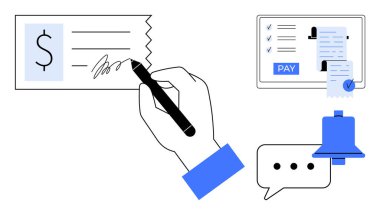 Çek imzalama, ödeme düğmeli dijital fatura, bildirim zili, sohbet balonu. Mali işlemler, bankacılık, iletişim, çevrimiçi ödemeler, e-ticaret bildirimleri için ideal