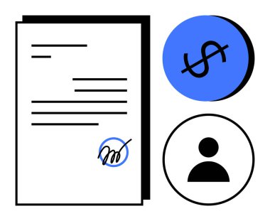 İmzalı belge, üzerinde dolar işareti olan mavi daire ve kullanıcı simgesi olan daire. Sözleşmeler, yasal anlaşmalar, finans, kişisel kimlik, iş anlaşmaları, belgeler için ideal