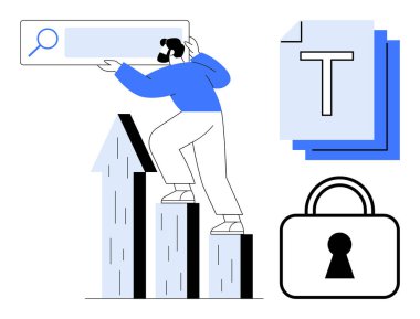 İşadamı elinde belge yığını ve kilit simgesi olan arama çubuğuyla ok grafiklerine tırmanıyor. Ticari büyüme, veri güvenliği, araştırma, sunumlar, teknoloji, bilgi yönetimi, strateji için ideal