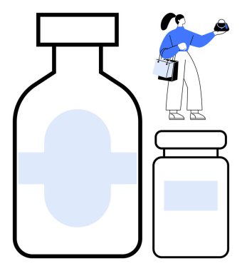 Alışveriş torbaları taşıyan ve iki büyük krema kavanozunu inceleyen bir kadın. Cilt bakımı, güzellik, alışveriş, tüketim, kişisel bakım, refah, minimalizm için idealdir. Soyut çizgi