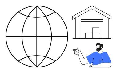 Küre çizgisi, istiflenmiş kutular ve işaret eden insanlarla yan yana. Küresel ticaret, ticari genişleme, tedarik zinciri, lojistik yönetimi, uluslararası pazarlar, e-ticaret, soyut