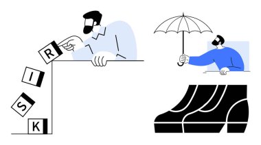 RISK yazarken düşen blokları sabit tutan biri ve ağır ayakkabıların altında şemsiye tutan biri. İş güvenliği, karar verme, risk yönetimi, koruma, ihtiyat, ihtiyat için ideal