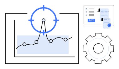 Satır çizelgesi ve hedefi olan grafik, çevrimiçi ödeme gösteren tablet, kontrol listesi, ayarlar için dişli simgesi. İş, finans, analitik, teknoloji, verimlilik optimizasyonu otomasyonu için ideal