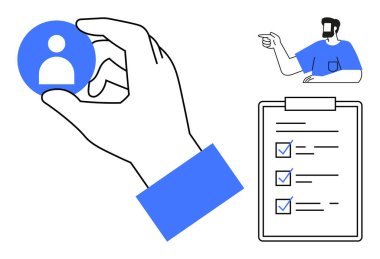 İşaretli nesneler ve sakallı birinin işaret ettiği bir listenin yanında bir kullanıcı simgesini tutuyor. Görev yönetimi, takım rolleri, kullanıcı seçimi, HR süreçleri, organizasyon, proje planlaması için ideal