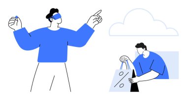 İnsanlar sanal gerçeklik ve bulut bazlı alışveriş ile etkileşime geçiyorlar. E-ticaret, teknoloji benimsenmesi, sanal gerçeklik, çevrimiçi satışlar, dijital dönüşüm, kullanıcı bağlılığı, bulut hesaplaması için ideal