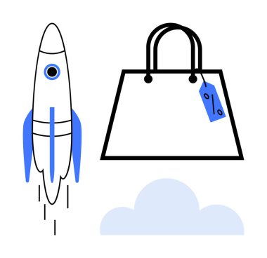 Büyük bir alışveriş çantasının yanında roket fırlatılıyor. Üzerinde küçük bir bulut var. Ticari büyüme, satış promosyonu, girişim, e-ticaret, indirimler, yenilik ve pazarlama için ideal. Soyut