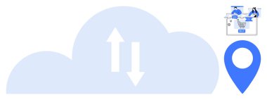 Veri transferini temsil eden çift yönlü okları olan bulut simgesi, mavi lokasyon iğnesi ve insanlarla birlikte laptop ekranında alışveriş arabası. Bulut hesaplama, veri yönetimi, e-ticaret ve teknoloji için ideal