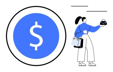 Yanında mavi daireli büyük dolar işareti olan bir çanta taşıyan kadın. E-ticaret, mali başarı, çevrimiçi işlemler, pazar eğilimleri, tüketici davranışı, perakende satış için ideal