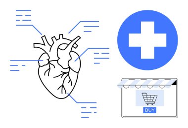 Anatomik kalp diyagramı, birbirine bağlı hatlar, mavi sağlık haçı, ve Buy ile online alışveriş arabası. Sağlık, teletıp, çevrimiçi eczacılık, tıp eğitimi ve sanal danışmanlık için ideal