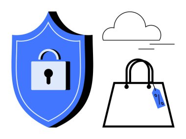 Kilitli bir kalkan, indirimli etiketli alışveriş çantası ve bulut e-ticarette güvenliği simgeliyor. Çevrimiçi alışveriş, siber güvenlik, veri gizliliği, bulut güvenliği, perakende güvenliği, İnternet için ideal