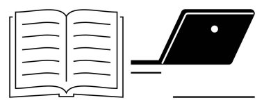 Dizüstü bilgisayarın yanında açık bir kitap. Eğitim, dijital öğrenme, bilgi paylaşımı, okuma, teknoloji, e-öğrenme, çevrimiçi çalışmalar için idealdir. Geleneksel öğrenmenin birleşimiyle soyut teknolojiyi temsil eder.