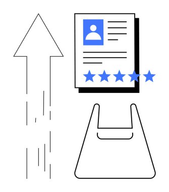 Yukarı ok, profil fotoğrafı ve 5 yıldızlı bir özgeçmiş ve minimalist bir alışveriş çantası. Kariyer büyümesi, işe alım, kişisel markalaşma, iş piyasası, çalışan değerlendirmesi, performans için ideal