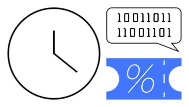 Saati gösteren saat, ikili verili konuşma balonu, indirimli sembollü mavi bilet. Dijital pazarlama, zamana duyarlı teklifler, teknoloji, kodlama, promosyonlar, algoritmalar veri analizi için ideal