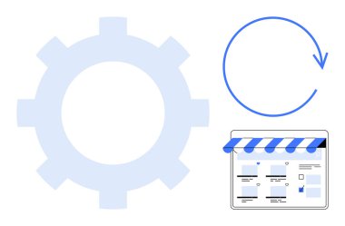Vites simgesi, dairesel ok ve çevrimiçi mağaza arayüzü e-ticarette sürekli gelişmeyi temsil ediyor. Web geliştirme, iş büyümesi, e-ticaret, güncellemeler, bakım, verimlilik için ideal