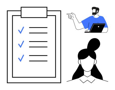 Kulaklıklı bir adam dizüstü bilgisayar, kadın simgesi ve listeli büyük bir pano kullanıyor. Takım çalışması, proje yönetimi, uzaktan çalışma, verimlilik, iletişim organizasyonu verimliliği için ideal. Soyut çizgi