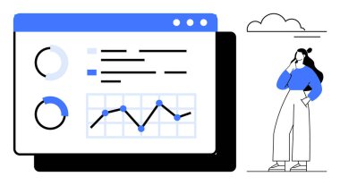 Çeşitli grafik ve grafikleri gösteren dijital bir gösterge panelini izleyen bir kadın. Veri analizi, iş stratejisi, piyasa araştırması, istatistik, performans takibi, karar verme süreci için ideal