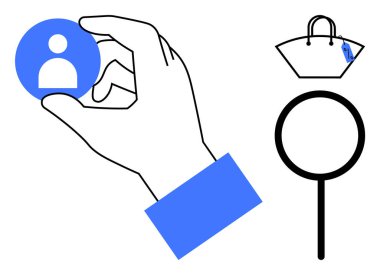 Bir kullanıcı profili simgesi, arama ve analiz için büyük bir büyüteç ve etiketli bir el çantası tutuyor. Kullanıcı araştırması için ideal, hedef kitle, tüketici sezgileri, dedektiflik işi, kimlik