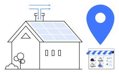 Çatıda güneş panelleri olan akıllı bir ev, teknolojik bağlantıyı gösteren mavi oklar, büyük mavi konum kodu ve çevrimiçi mağaza arayüzü. Akıllı ev için ideal, yeşil enerji, ekommerce, teknoloji