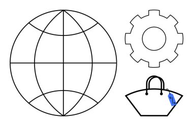 Küresel ticareti temsil eden dünya, endüstriyel gelişimi sembolize eden teçhizat ve ticareti gösteren etiketli alışveriş torbası. Ticari büyüme, küresel pazar, e-ticaret, mühendislik ve yenilik için ideal