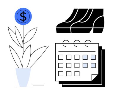 Dolar sembollü saksı bitkisi, kariyer gelişimini temsil eden ayakkabılar ve takvim planlamayı sembolize ediyor. Ekonomik büyüme, yatırım, kariyer ilerlemesi, iş stratejisi, zaman konulu konular için ideal
