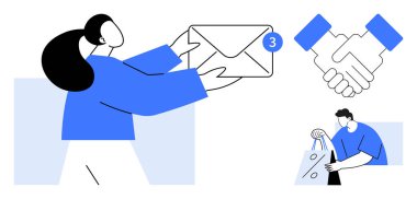 Elinde bir zarf, tebligat, tokalaşma ve alışveriş torbası taşıyan bir adam var. Dijital iletişim, iş anlaşmaları, e-ticaret, takım çalışması, işbirliği, çevrimiçi bildirimler için ideal