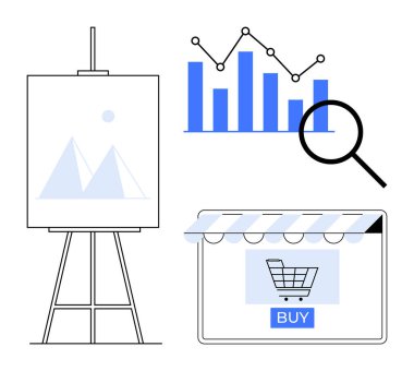 Dağ görüntüsü olan Easel, veri noktaları olan yükselen bar tablosu, büyüteç ve satın alma düğmeli online alışveriş arabası. Veri analizi, piyasa araştırması, e-ticaret, online alışveriş için ideal