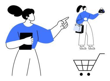 Önü gösteren bir pano tutan kadın. Çantalarda alışveriş malzemeleri taşıyor. Yakınlarda boş bir alışveriş arabası var. Perakende, müşteri hizmetleri, çevrimiçi alışveriş, süpermarket, tüketici davranışı için ideal